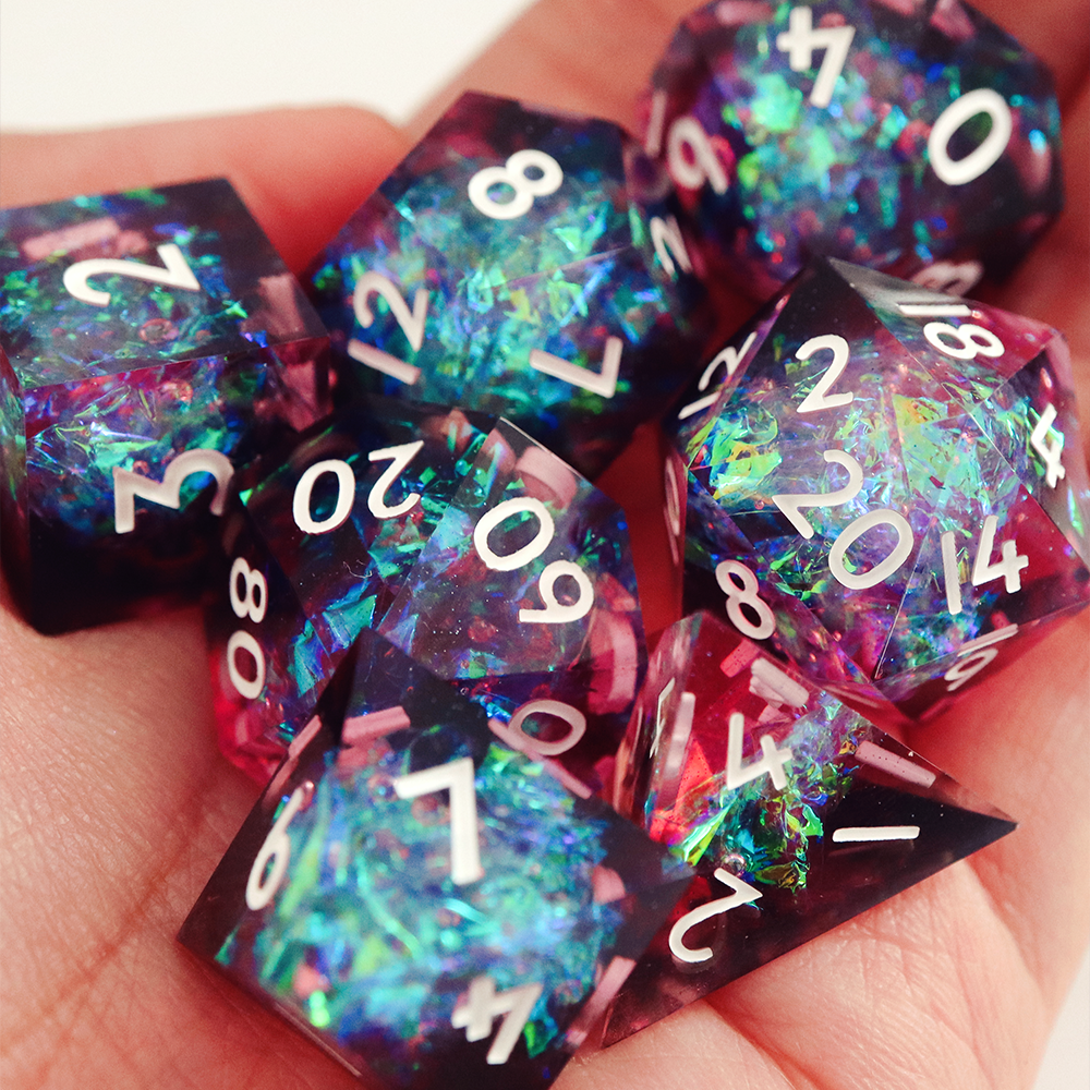 LIMITED RUN - Sakura Galaxy - handmade sharp edge 7 piece dice set