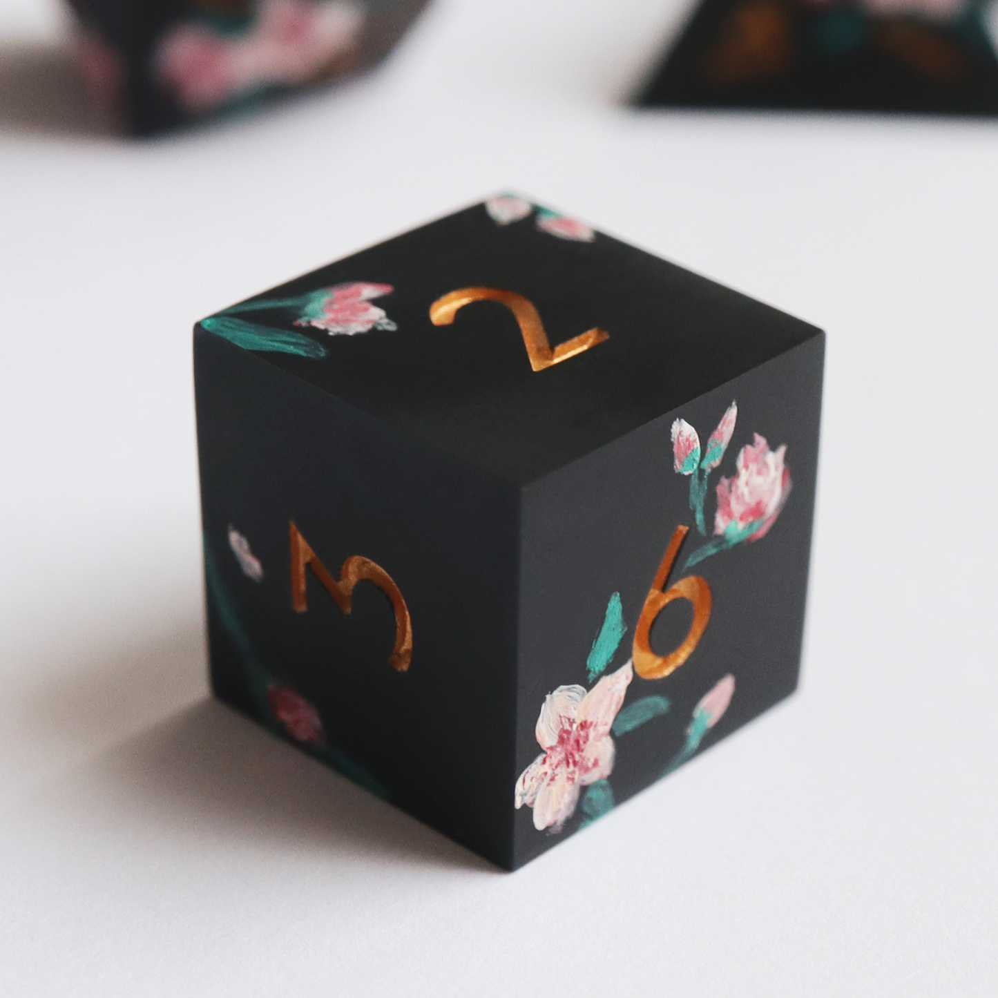 Baroque Blossoms - hand-painted & handmade sharp edge 7 piece dice set