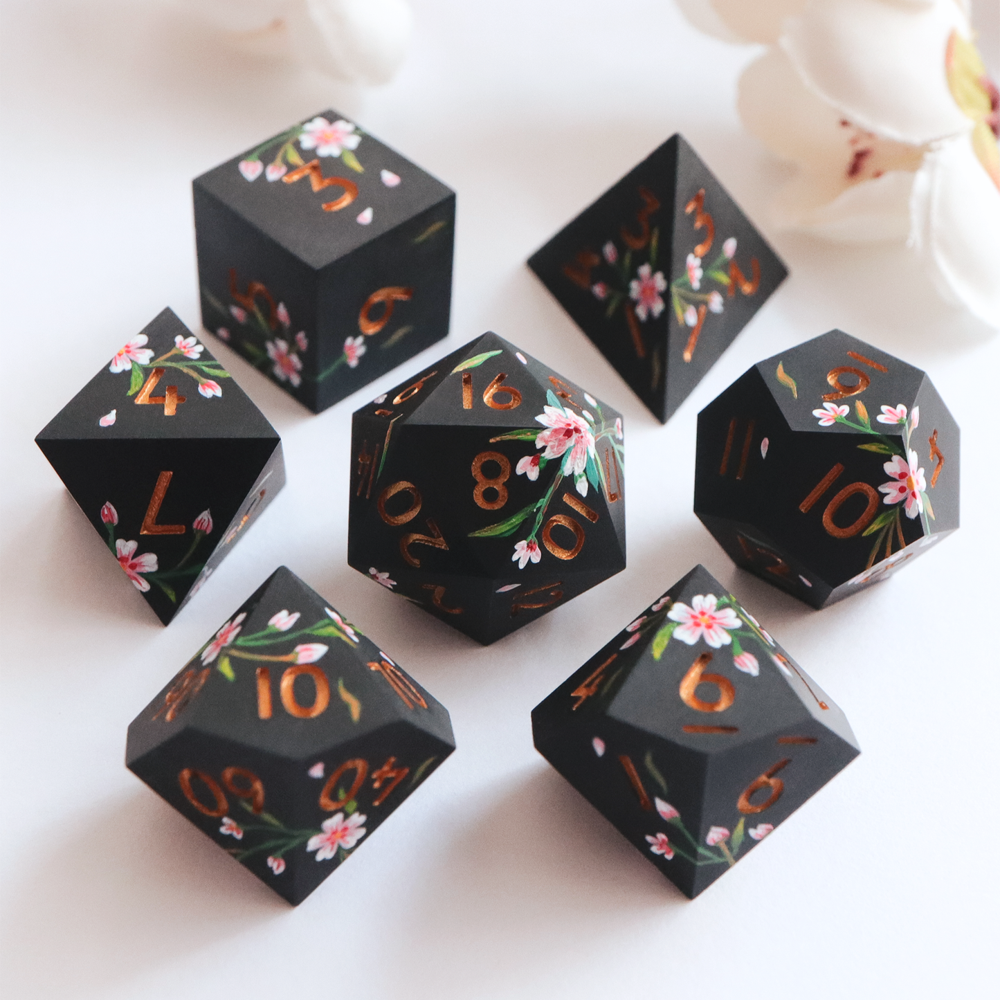 Baroque Blossoms - hand-painted & handmade sharp edge 7 piece dice set