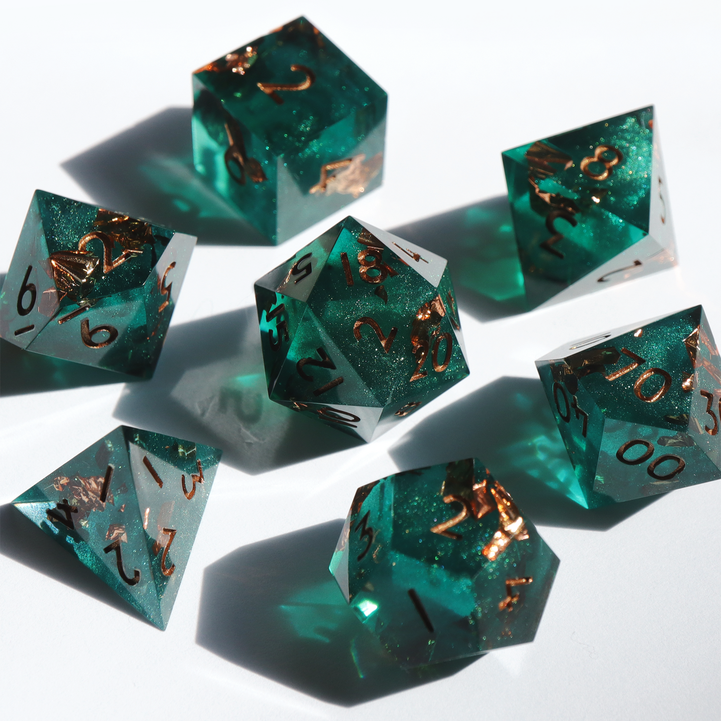 Decay Deco - handmade sharp edge 7 piece dice set