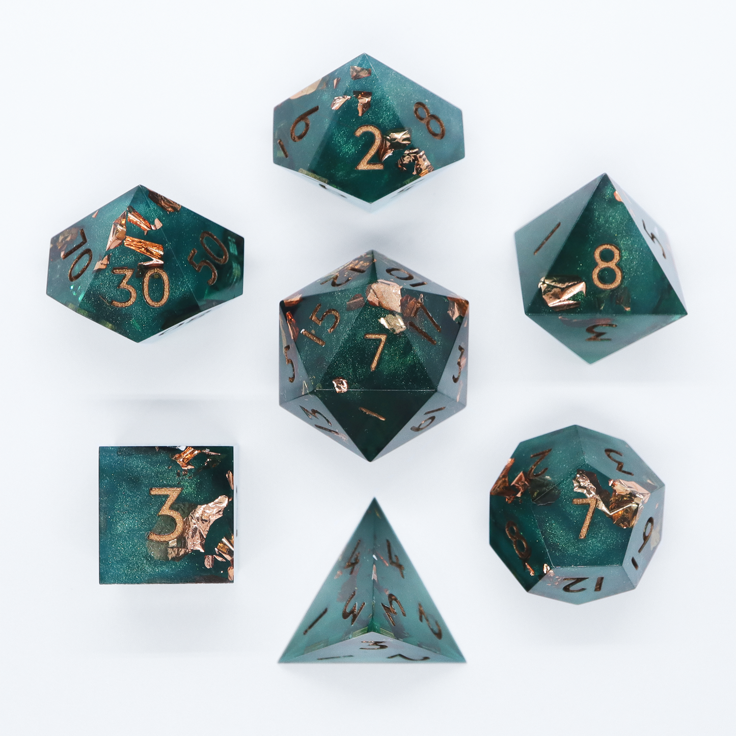 Decay Deco - handmade sharp edge 7 piece dice set