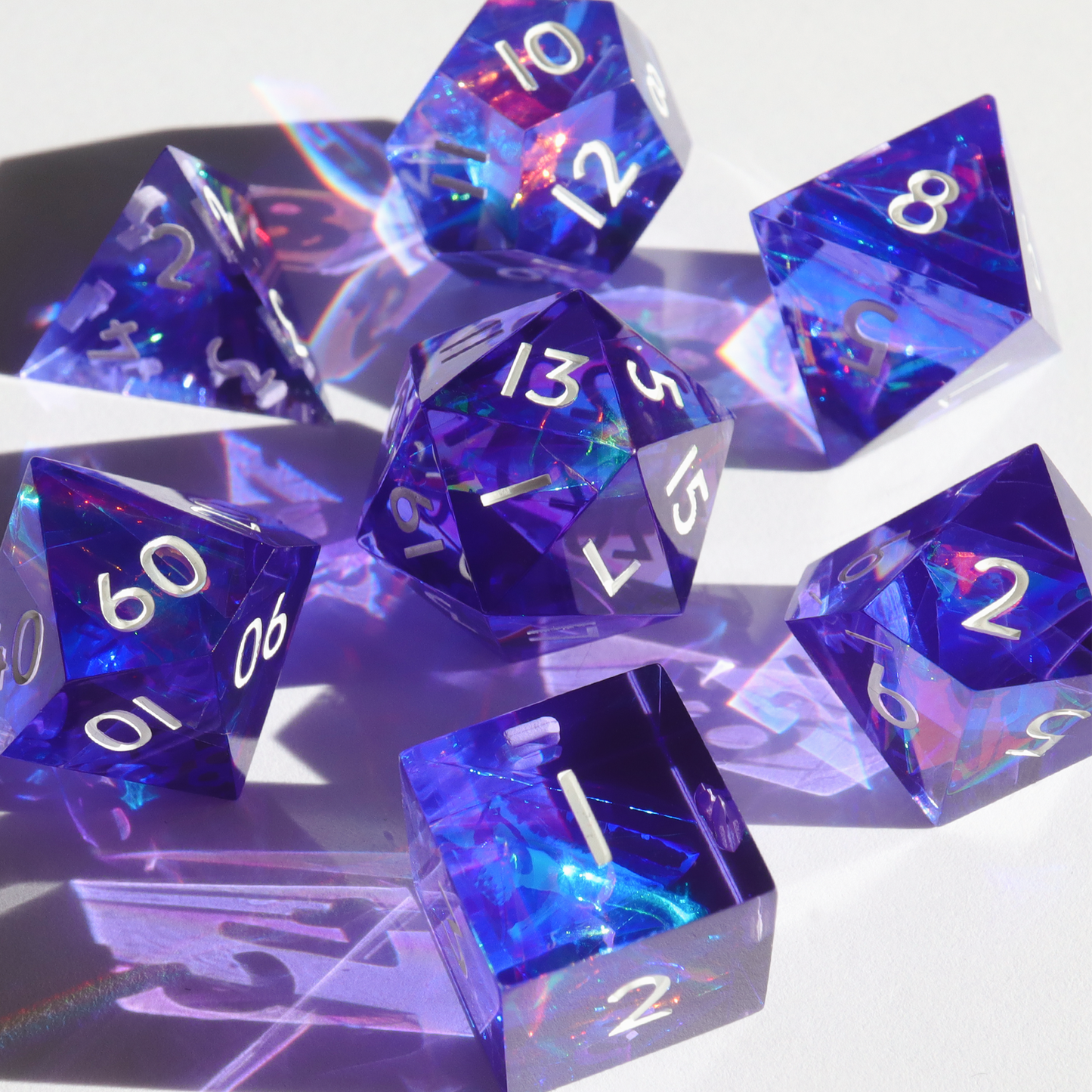 Neon Dreamer - handmade sharp edge 7 piece dice set