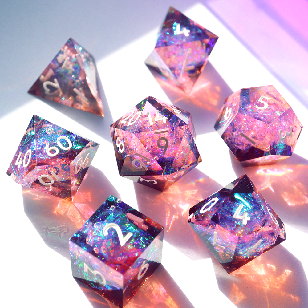 LIMITED RUN - Sakura Galaxy - handmade sharp edge 7 piece dice set