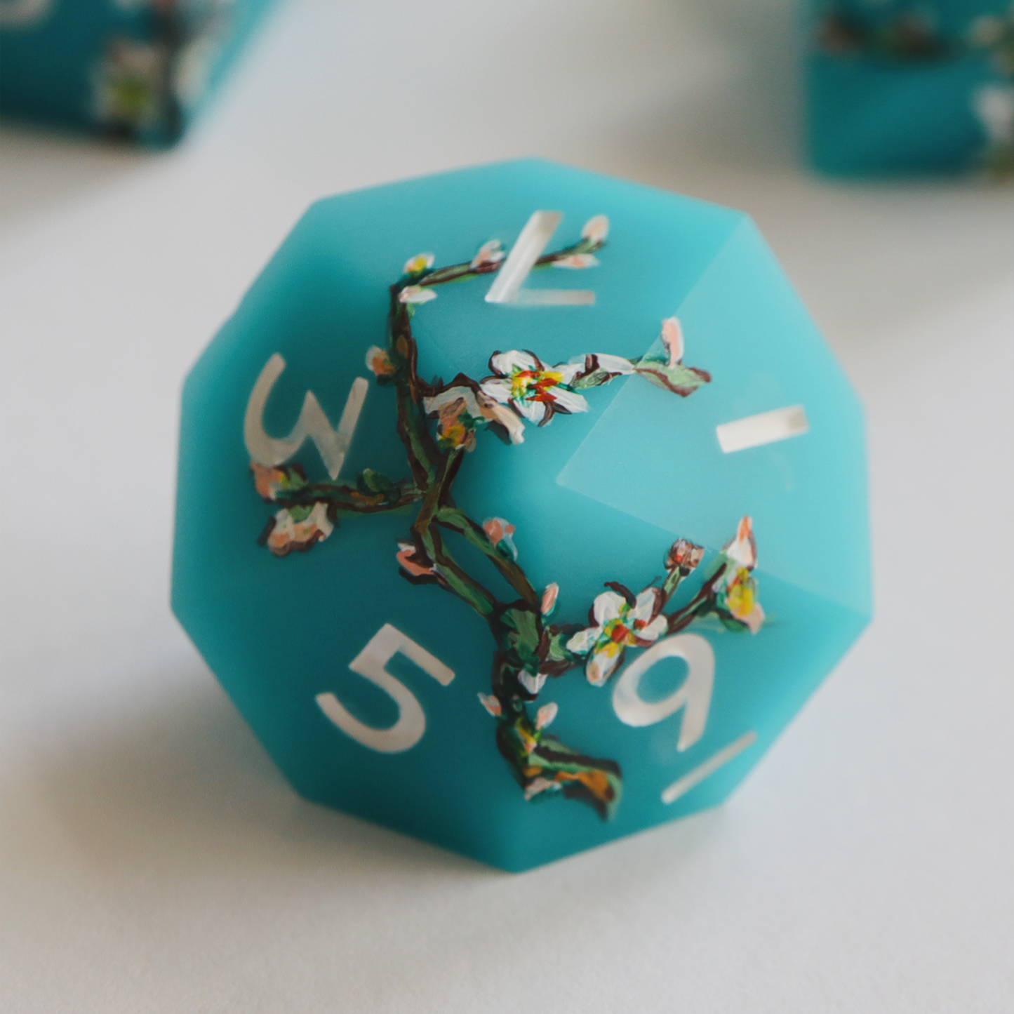 Almond Blossom - hand-painted & handmade sharp edge 7 piece dice set