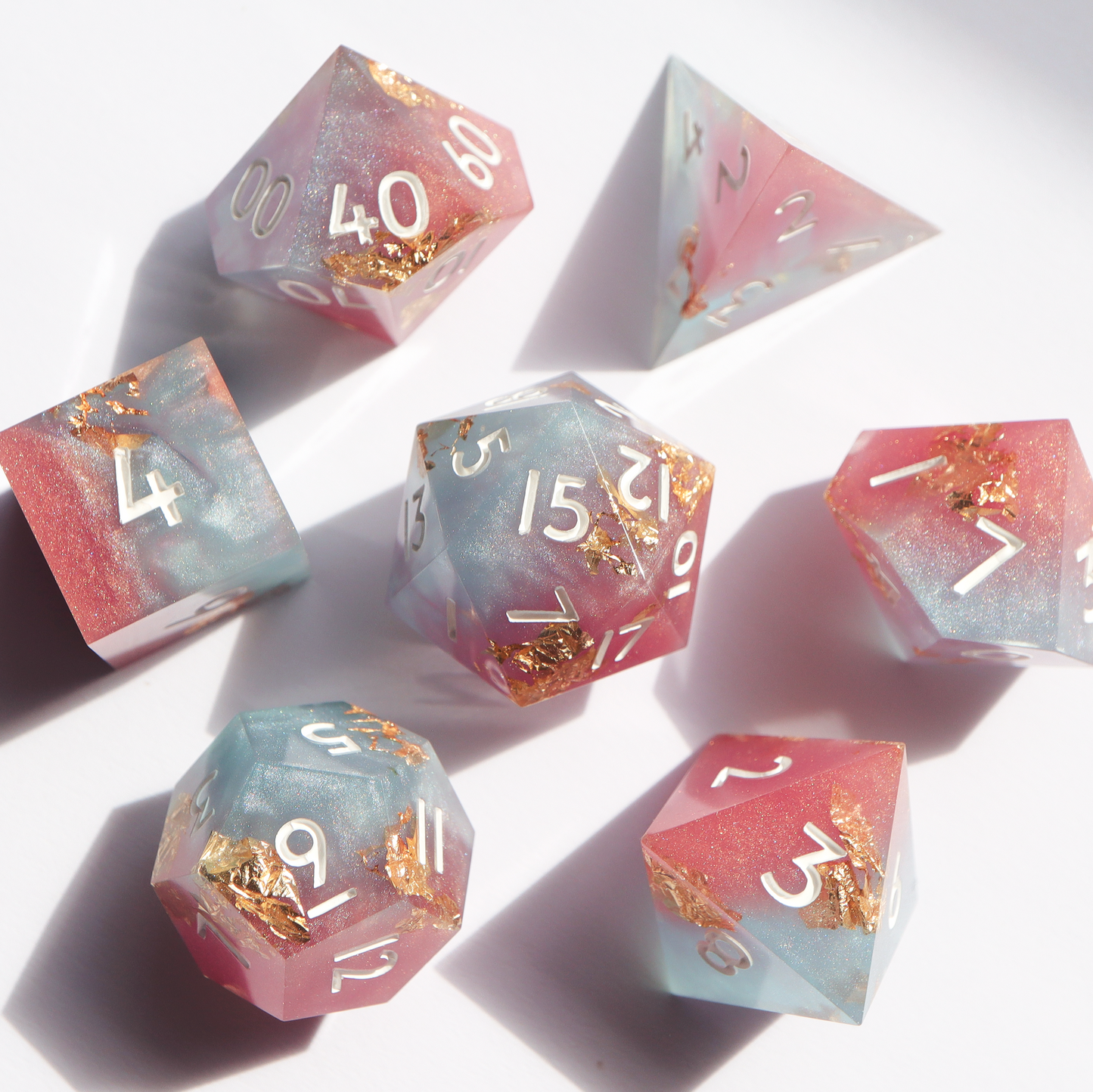 Royal Pastels - handmade sharp edge 7 piece dice set
