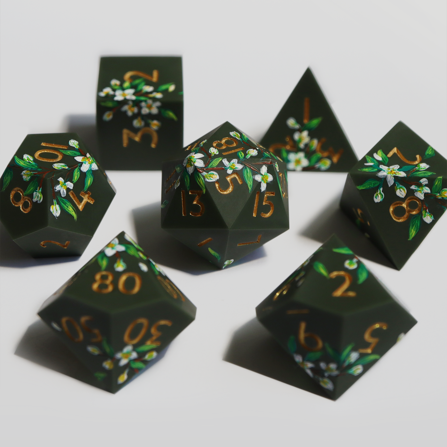 Wallflower - hand-painted & handmade sharp edge 7 piece dice set